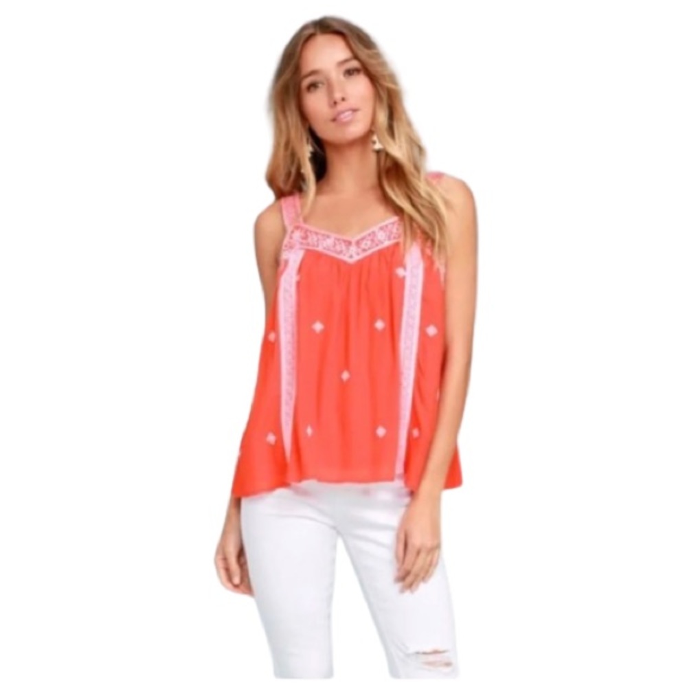 Moon River Day Trip Coral Embroidered Tank Top-Size Small